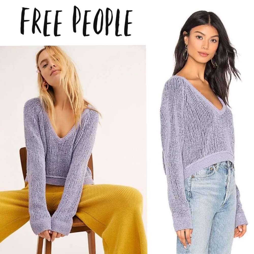 Free People High Low Purple Combo Textured V-Neck Relaxed Fit Comfy Sweater Sm - Picture 7 of 16